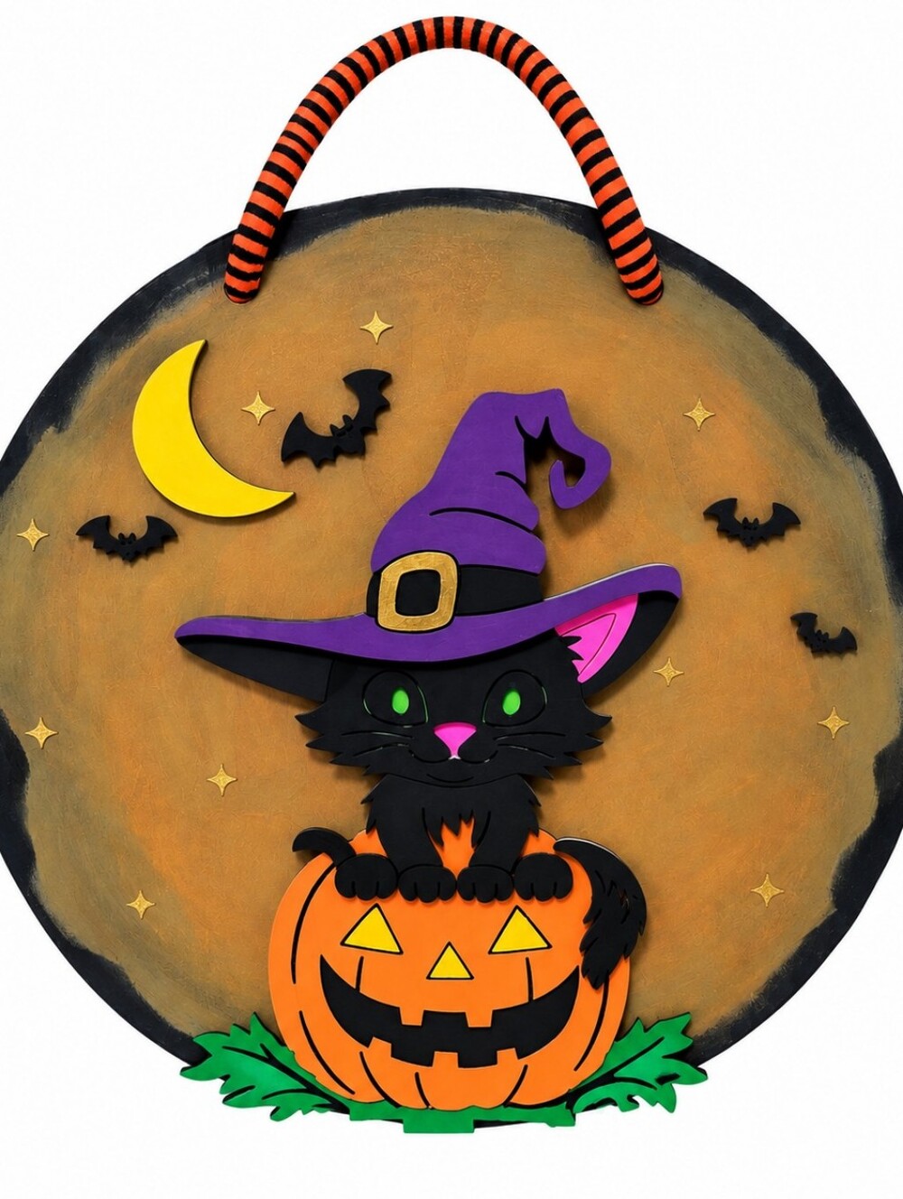 Handmade Halloween Wood Door Hanger Black Cat Pumpkin Witch Sign Decor